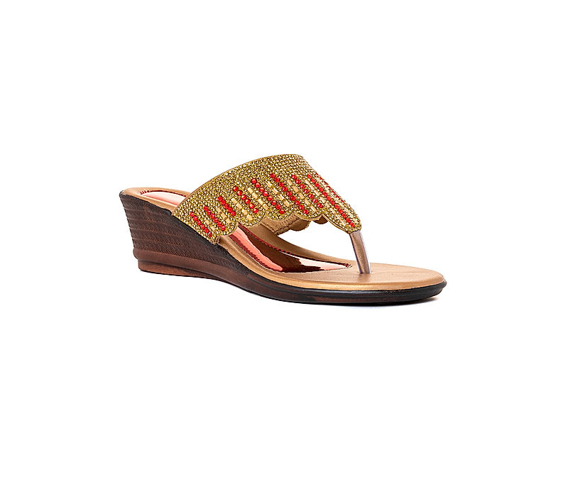 KHADIM Gold Wedge Heel Slip On Ethnic Sandal for Women (6511064)