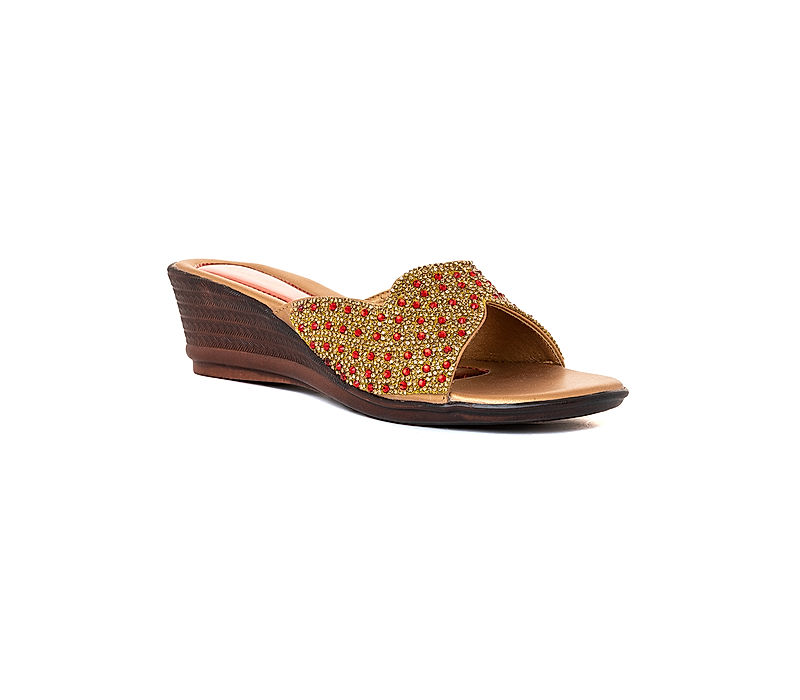 KHADIM Gold Wedge Heel Mule Ethnic Sandal for Women (6511074)