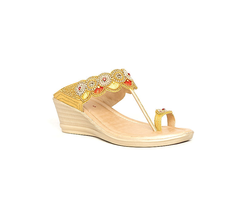 KHADIM Gold Wedge Heel Kolhapuri Slip On Sandal for Women (6511428)