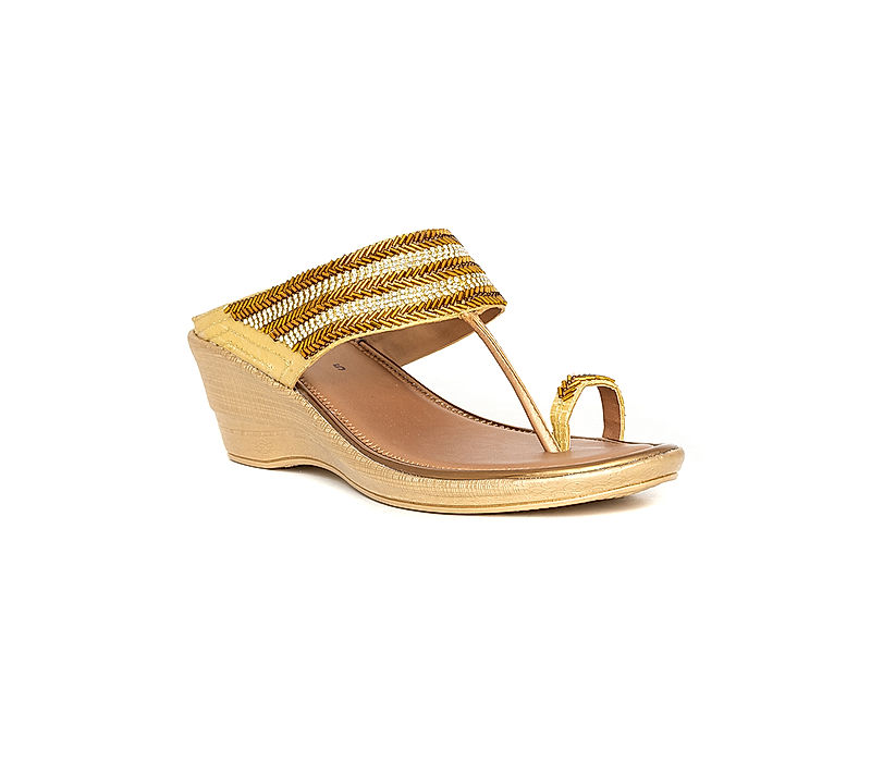 KHADIM Gold Wedge Heel Kolhapuri Slip On Sandal for Women (6511434)