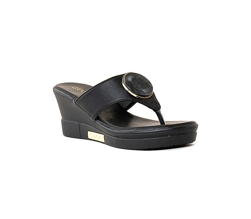 KHADIM Cleo Black High Heel Wedge Slip On Sandal for Women (5300766)