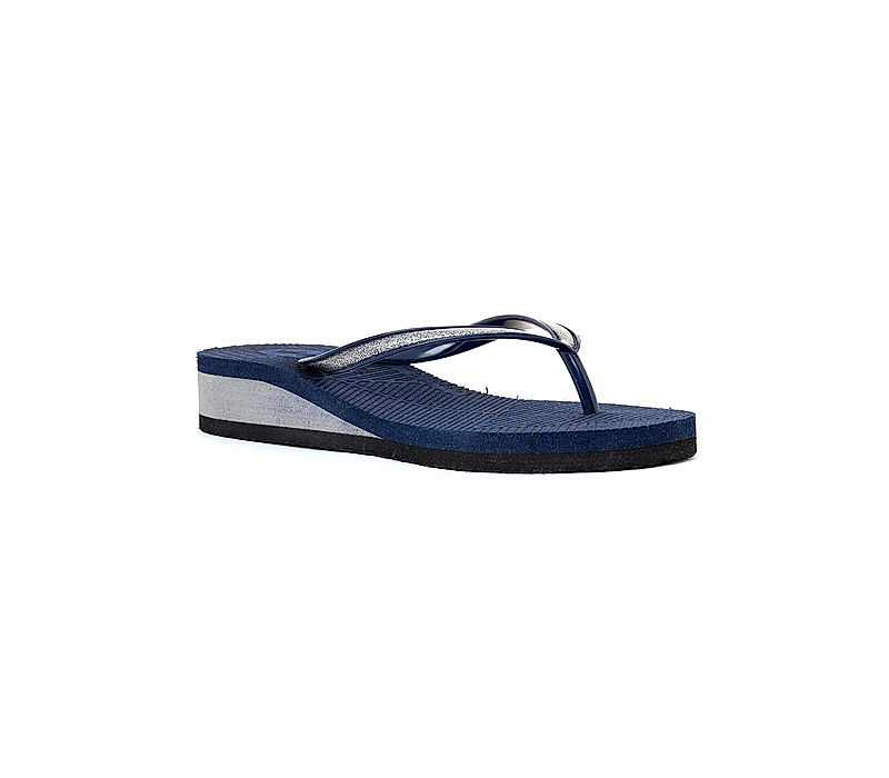 KHADIM Waves Navy Blue Wedge Heel Thong Slippers for Women (6690059)