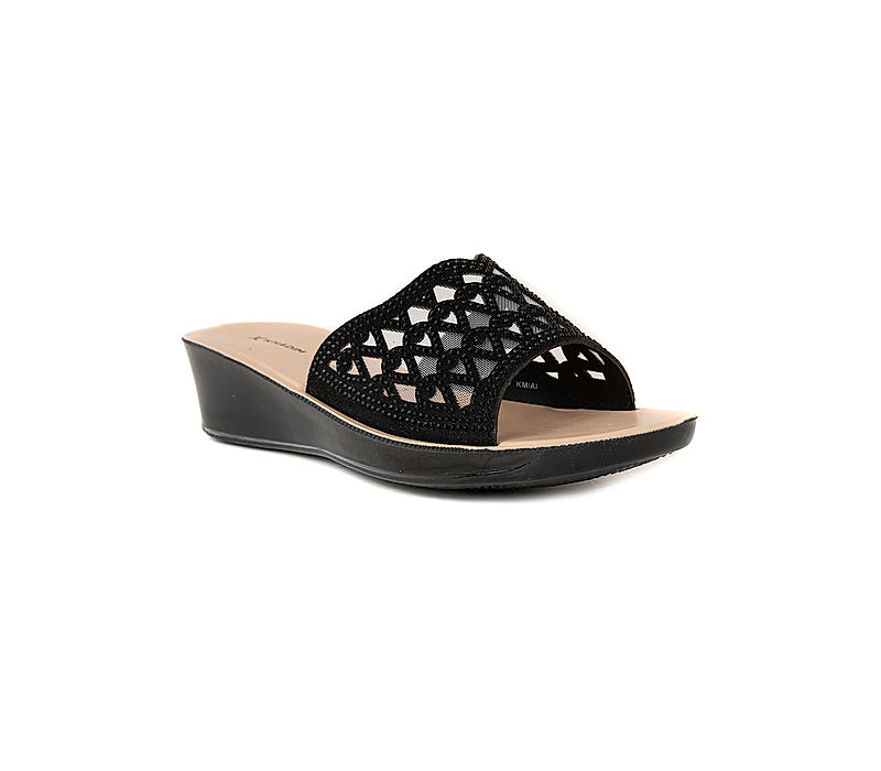 KHADIM Black Wedge Heel Mule Slip On Sandal for Women (7775626)