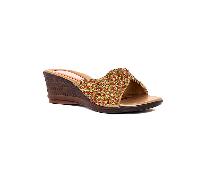 KHADIM Gold Wedge Heel Mule Ethnic Sandal for Women (6511074)