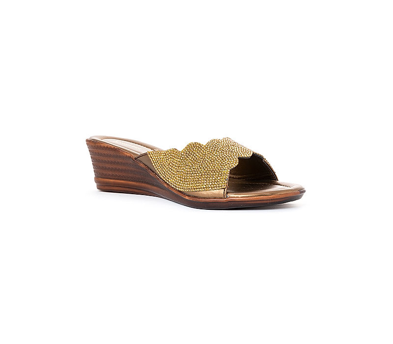 KHADIM Gold Wedge Heel Mule Ethnic Sandal for Women (6511014)