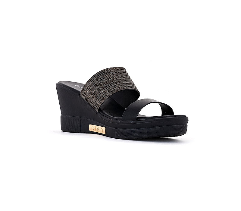 KHADIM Cleo Black High Heel Wedge Slip On Sandal for Women (2304666)