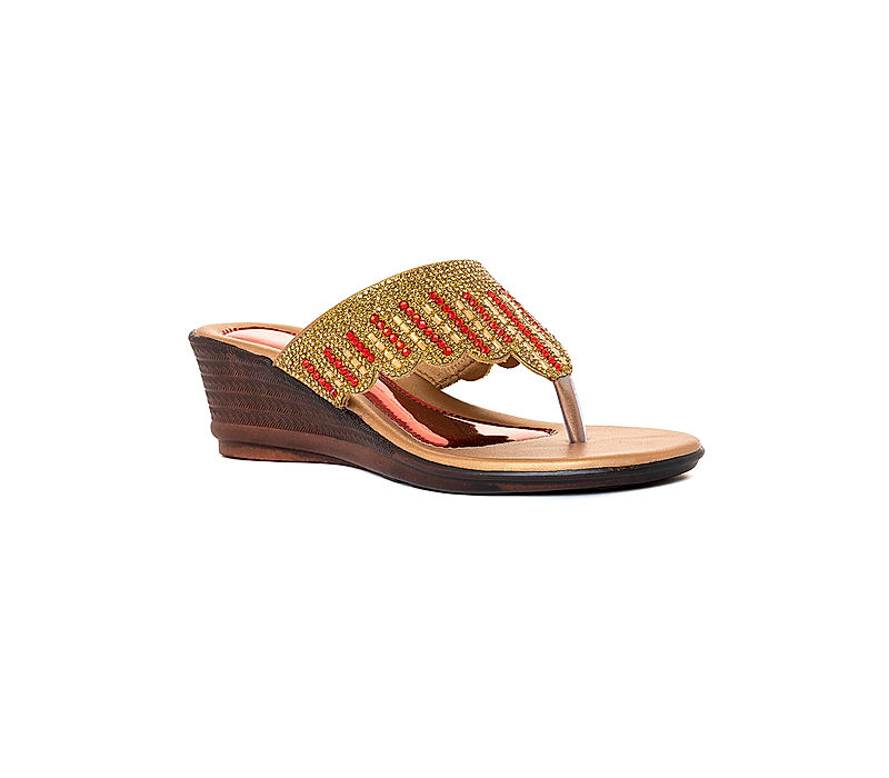 KHADIM Gold Wedge Heel Slip On Ethnic Sandal for Women (6511064)