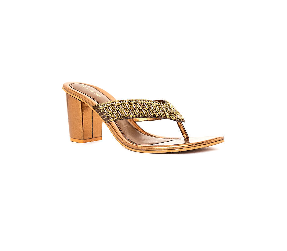 KHADIM Gold High Heel Block Slip On Ethnic Sandal for Women 5720334