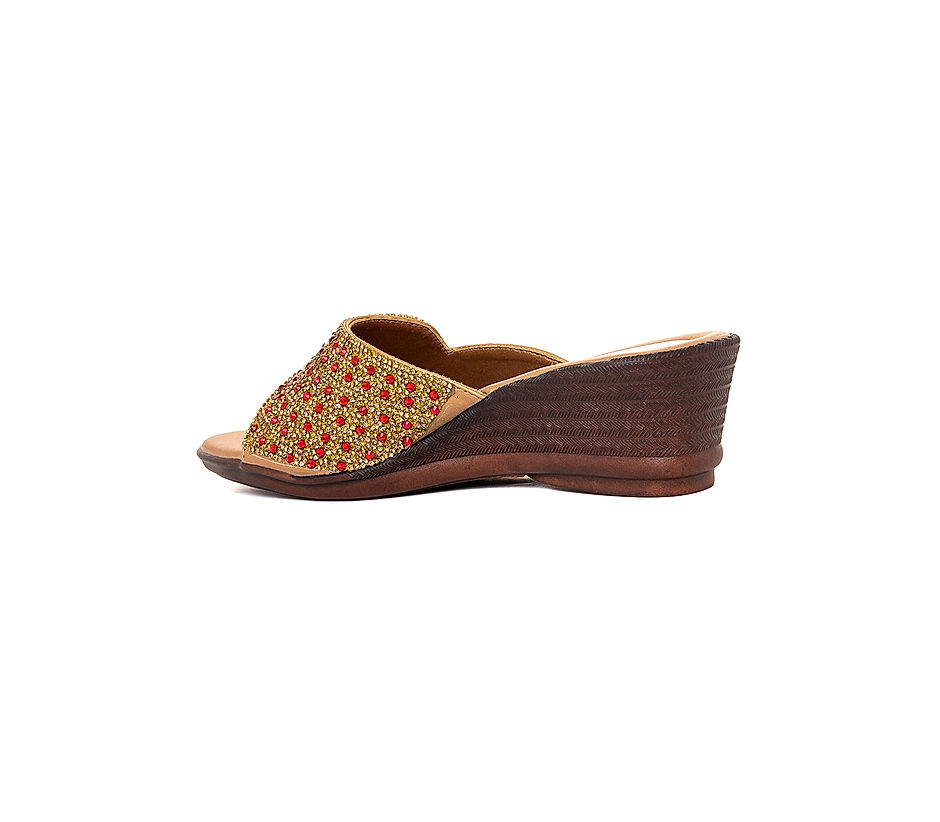 KHADIM Gold Wedge Heel Mule Ethnic Sandal for Women 6511074